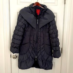 Gray puffer coat. Length is just past hips.